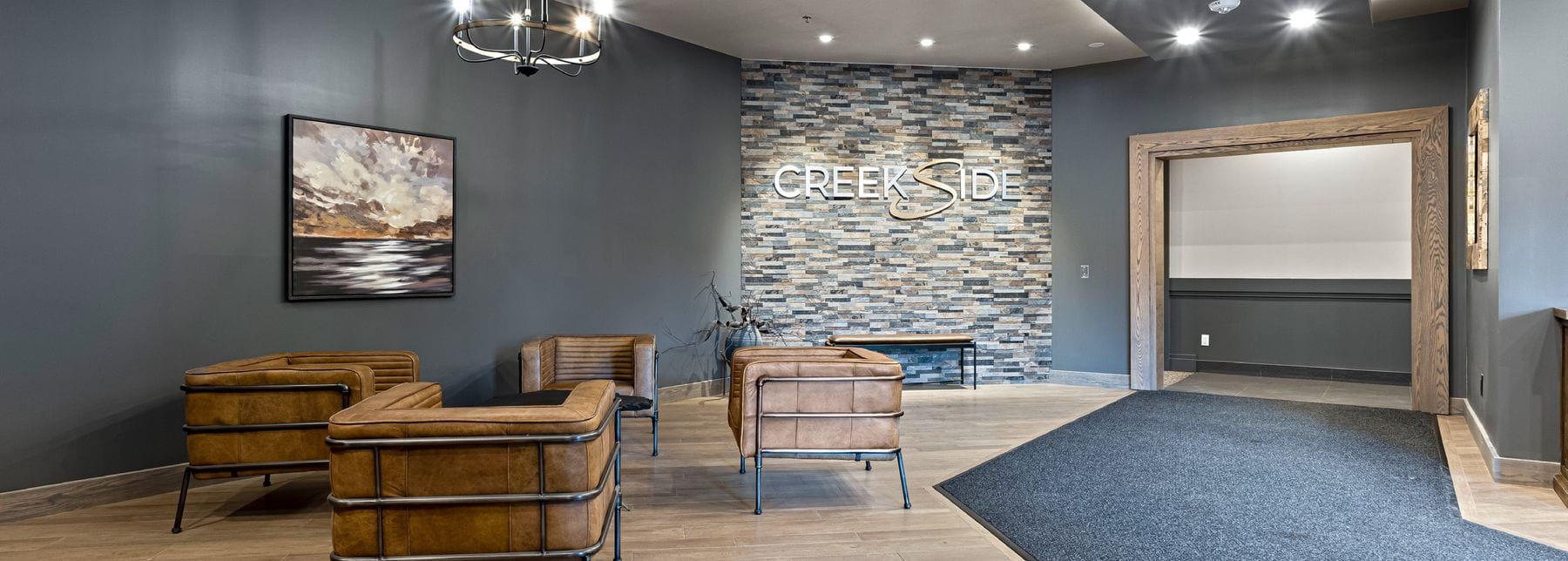 Lobby lounge with stone feature wall
